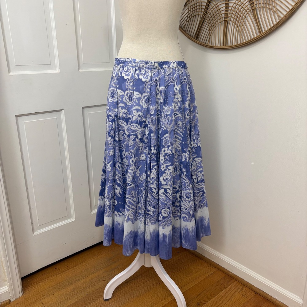 Coldwater Creek Blue Cotton Paisley Midi Skirt L Cottagecore Boho Coastal Resort - Picture 2 of 8